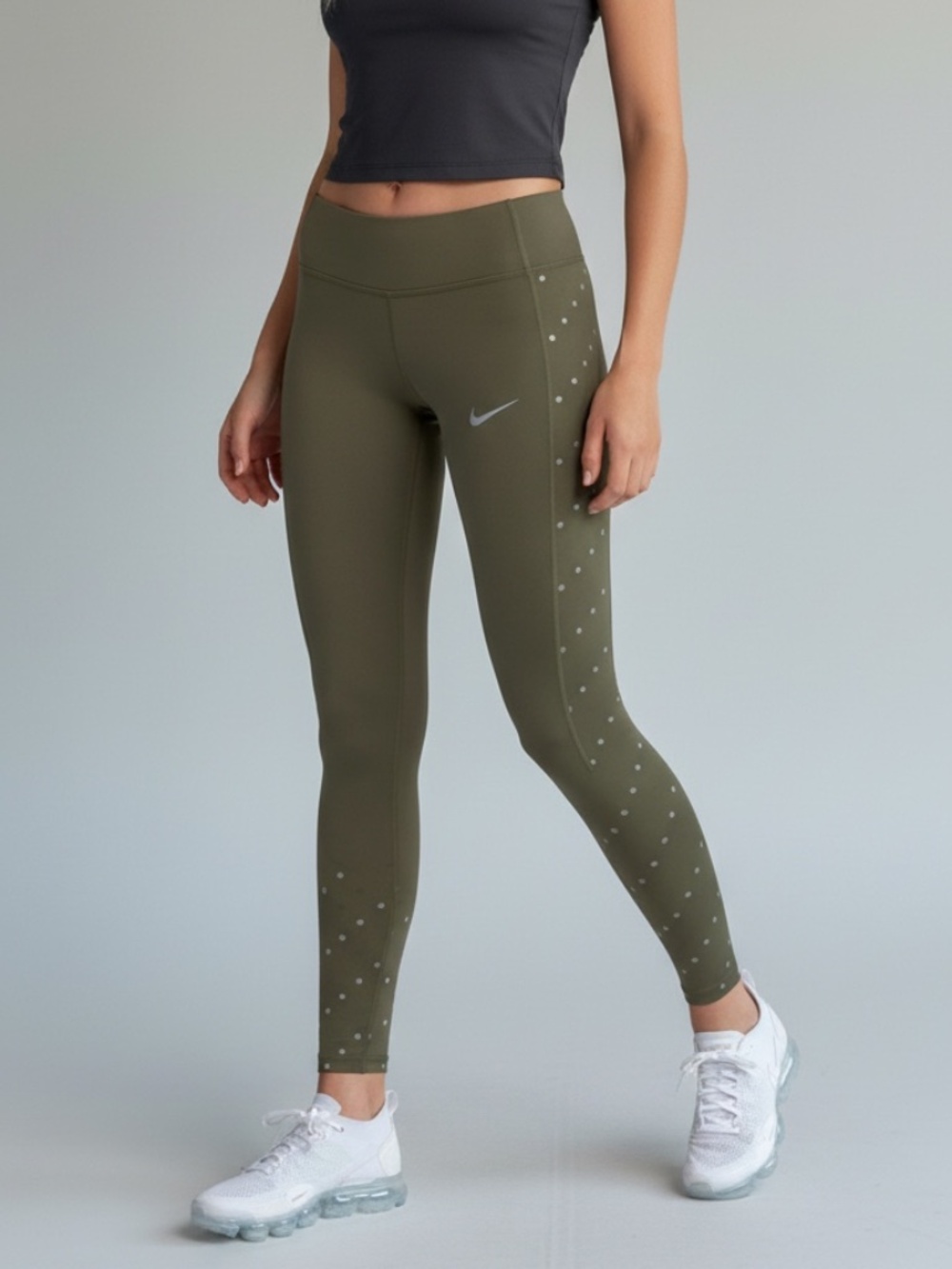 Nike Dri-FIT Power Racer Flash Running Leggings Olive Green Polka Dots Size M